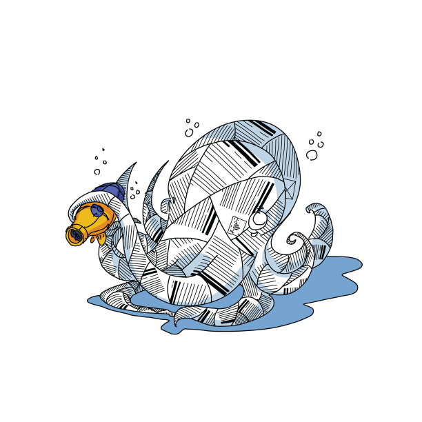 读者在阅读故事、冒险故事和故事的同时，也在书中逃过一劫。巨型章鱼俘获了一艘黄色潜水艇。场景和冒险折叠的书页和折纸。图片下载