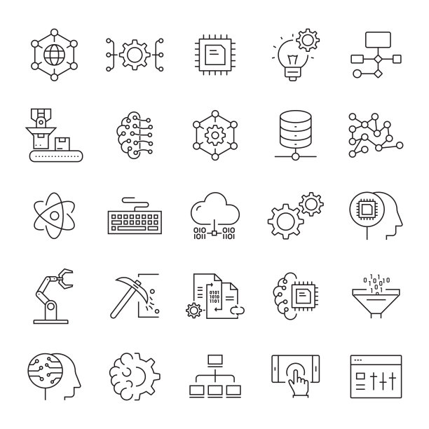 一组机器学习和技术相关的线图标。可编辑的中风。简单的轮廓图标。图片下载