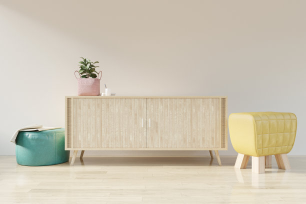 客厅内墙采用极简主义风格的竹制橱柜，空暖白色背景，皮制圆球风格的凳子。3d渲染，3d渲染图片下载