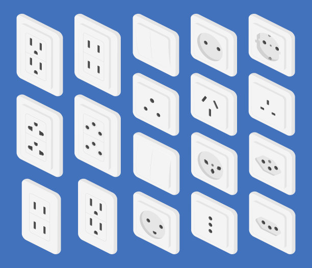 等距电源插座开关集矢量平面插图图片下载