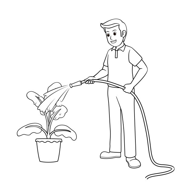 儿童活动的黑白矢量插图图画书页与图片的男人做家务浇水植物。图片下载