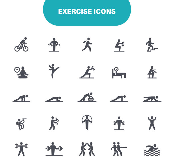 运动图标。设置包含图标为家庭训练，健康的生活方式，锻炼，健身房，插图图片下载