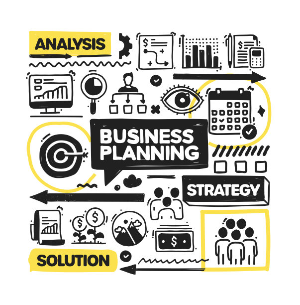 业务计划对象和元素。矢量涂鸦插图收集。手绘图标集或横幅模板图片下载