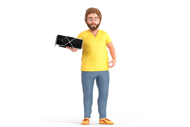 拿着电脑图形GPU视频适配器卡的家伙。孤立在白色背景。三维渲染图片下载