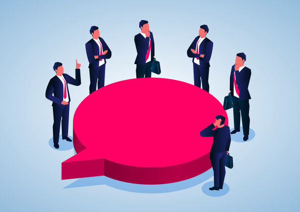 讨论和会议，业务小组小组站在演讲气泡旁边发言图片下载