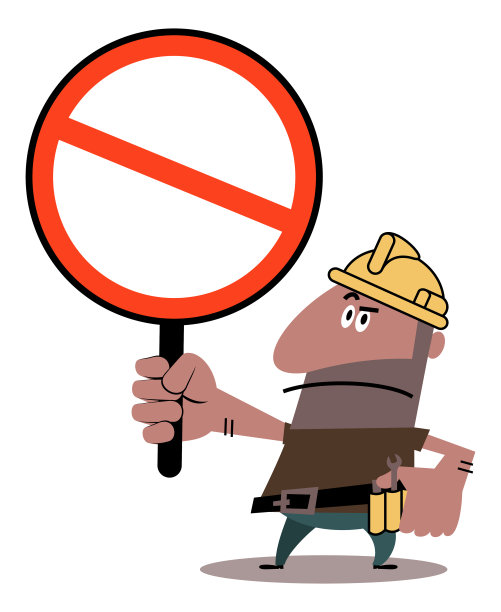 一个矮个子工人，戴安全帽，系工具腰带，一只手放在臀部，举着一个禁止标志(安全警告)图片下载