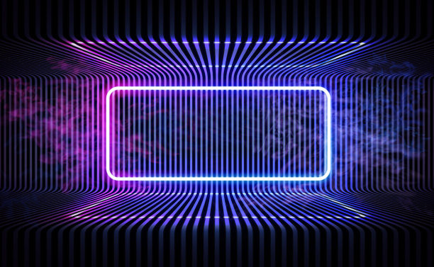 霓虹色几何圆形矩形上的金属条纹图案背景。神秘的入口，发光的线，霓虹灯。蓝色和粉色的霓虹灯反射在地板上。黑暗中的光线，烟雾。向量。图片下载