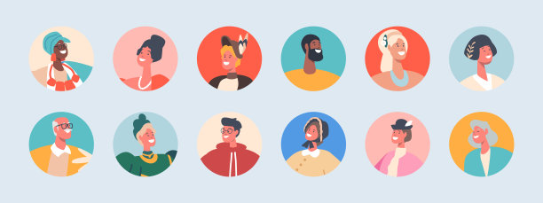 一组人的化身，孤立的圆形图标。不同文化、种族的男女人物，肖像图片下载