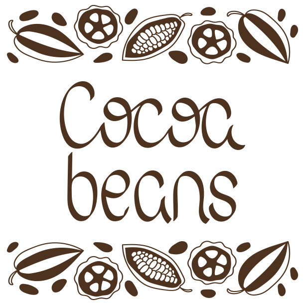 可可豆刻字。可可荚水果和谷物。手绘矢量插图图片下载