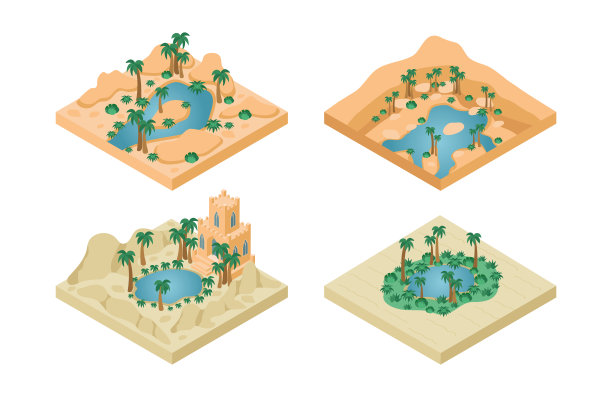 绿洲，沙漠海市蜃楼等距矢量集图片下载