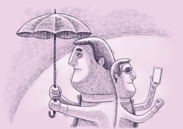 两个商人背靠背站着，手里拿着智能手机和雨伞图片下载