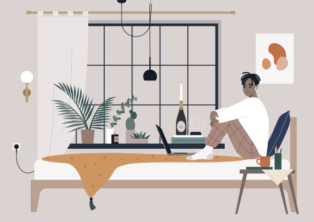 舒适的卧室内部，书，植物，窗台上的蜡烛，一个年轻的非洲男人坐在床上图片下载