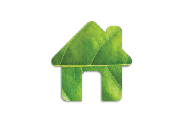 白色背景的绿叶家园图标，绿色能源环保图标，环保理念。图片下载