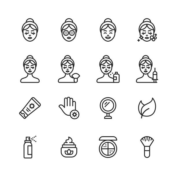 护肤系列图标。可编辑的中风。像素完美。移动和网络。包含如皮肤护理，水疗，化妆品，健康，化妆，卫生，保湿，皮肤病学，提升，沐浴，面膜，排毒，脱皮，手术，皱纹，肥皂，香水等图标。图片下载