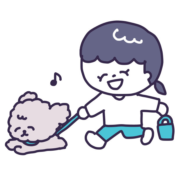 可爱的插图，一个微笑的女孩带着一个庄园的育儿袋遛着一只玩具贵宾犬(全身)图片下载