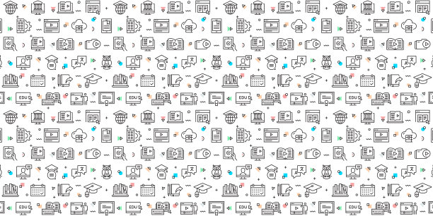 矢量设计模板和元素为在线教育在流行的线性风格-无缝模式与线性图标有关的在线教育-矢量图片下载
