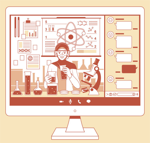 戴着头巾和耳机，通过电脑屏幕在线授课的年轻穆斯林女教师（科学家，生物化学家），科学实验和在线学习概念图片下载