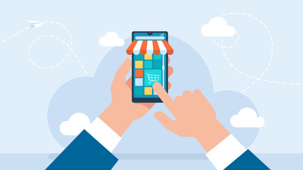 在线购买。卡通设计。手机网上购物应用概念说明及数字营销推广。智能手机与商店购物车图标水平视图。矢量图图片下载