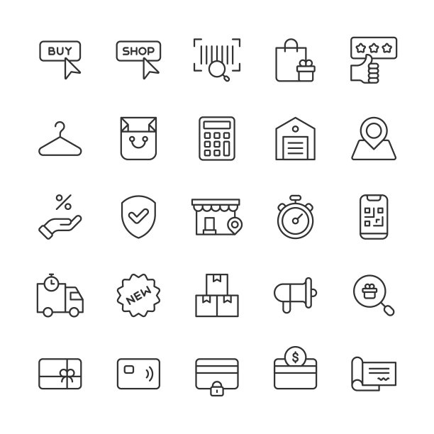 购物和电子商务系列图标。可编辑的中风。像素完美。移动和网络。包含袋子，信用卡，客户支持，送货，杂货，钱，网上购物，包裹，付款，价格，销售，购物车，商店，运输等图标。图片下载