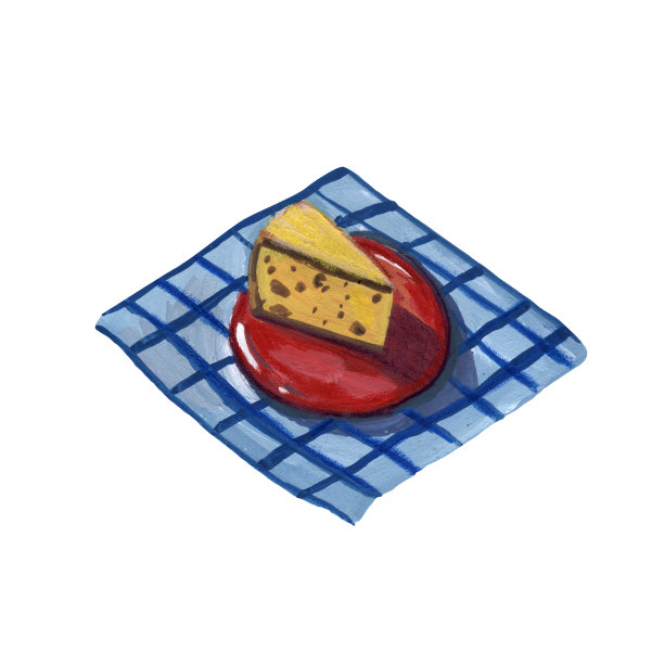 奶酪在餐巾上。可爱的水粉画插图。手绘卡通风格。板上切达干酪。美味freshess产品。健康的零食。食物的例子。孤立的对象。图片下载