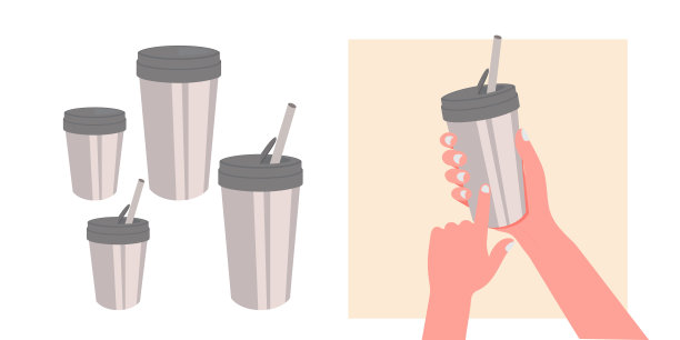 人手拿着装饮料和吸管的塑料杯。手里拿着一个不锈钢吸管杯。平面矢量插图。甜点的概念图片下载