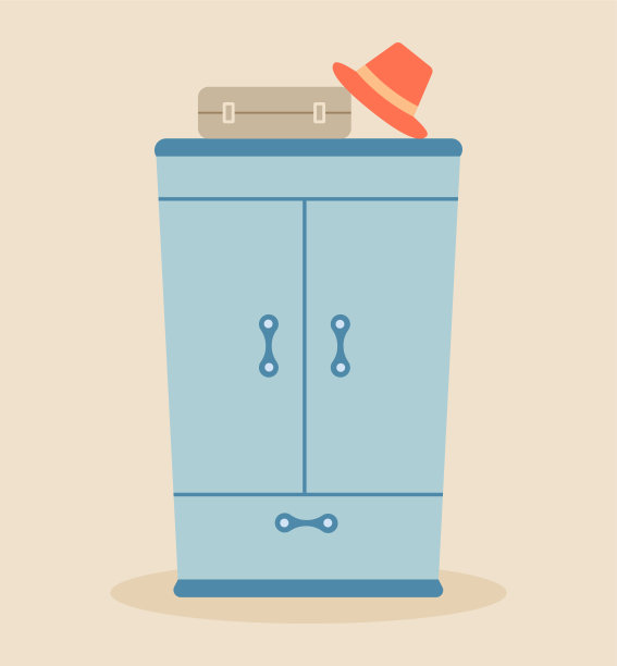 衣柜上有一个手提箱和一顶帽子。在彩色背景上的平面矢量插图。图片下载