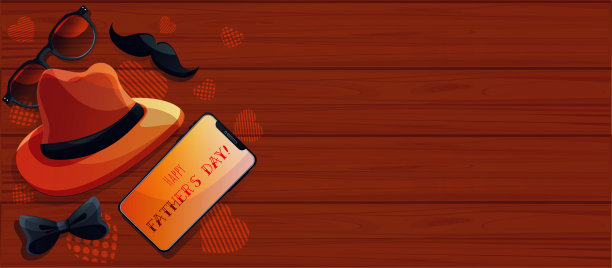 卡通风格的父亲节祝贺和礼物。电话、帽子和带有男人胡子的眼镜放在抽象的木制背景上。图片下载