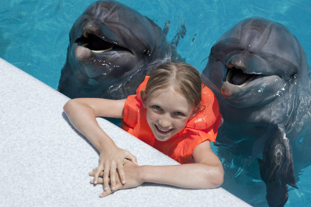 快乐的小女孩和两只海豚在游泳池微笑。图片下载