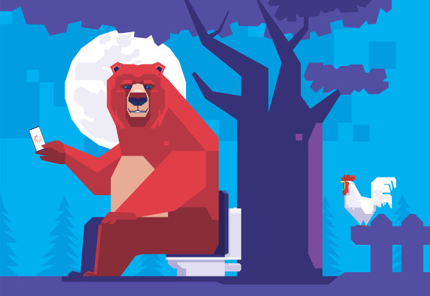 熊坐在马桶上，拿着智能手机图片下载