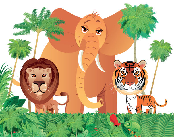森林和大象，狮子和老虎图片下载