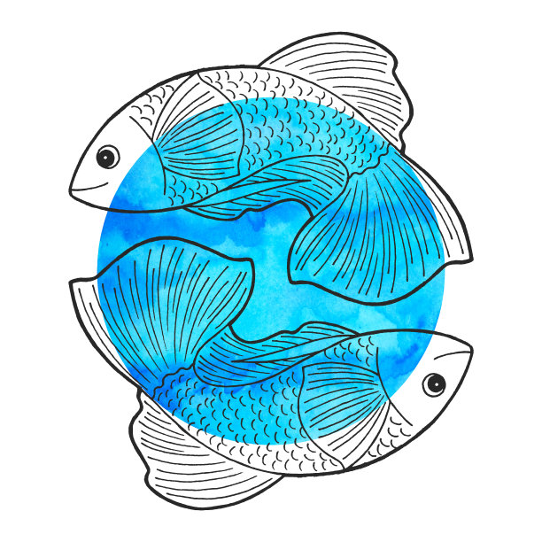双鱼座生肖占星星座符号标志图标设计水元素彩色艺术背景水彩画卡通插图财富图片下载
