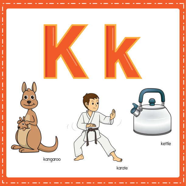 向量插图学习字母K的小写和大写的儿童与3卡通图像。袋鼠空手道水壶。图片下载