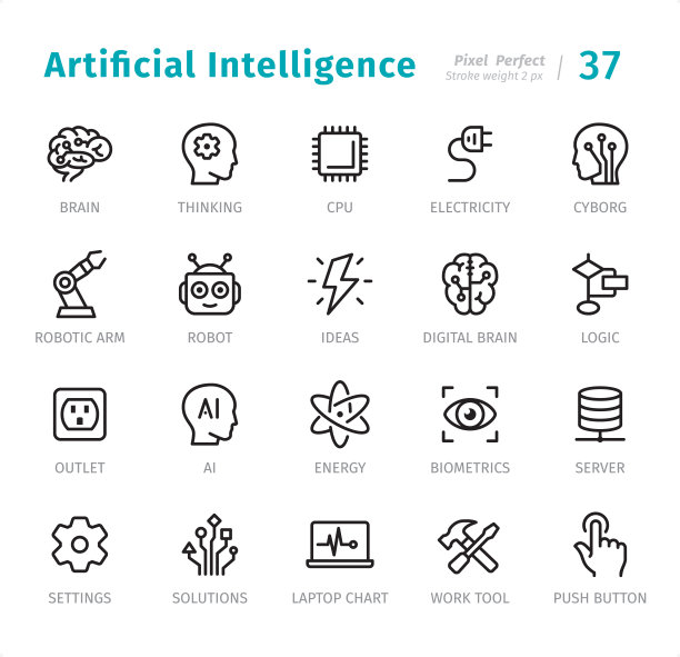 人工智能-带有标题的像素完美线性图标图片下载