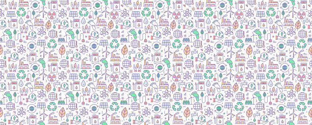 矢量设计模板和元素为生态在时尚的线性风格-无缝模式与线性图标相关的生态-矢量图片下载
