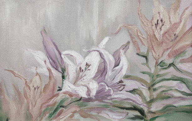 插画艺术油画山水百合花图片下载