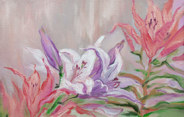 插画艺术油画夏季山水盛开白红百合花图片下载