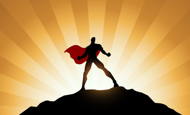 向量超级英雄站在山剪影插图图片下载
