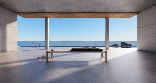 海滩酒店度假村和水疗中心，只有椅子和向外看，靠近大海和天空，完美的阁楼风格放松。3d渲染与海景。图片下载