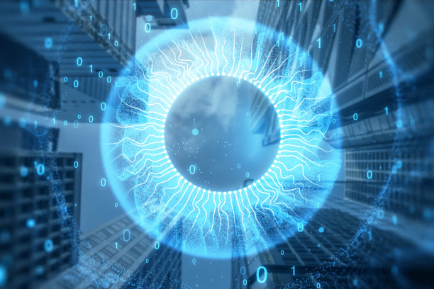 摘要数字蓝眼睛虹膜模糊调城市背景。技术与视觉理念。双重曝光。图片下载