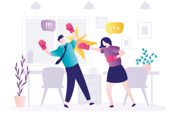 戴拳击手套的强壮女孩在争吵中打同事。愤怒的女人用拳头回击罪犯图片下载