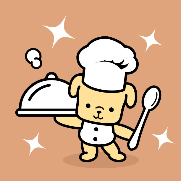 可爱的狗狗厨师，戴着厨师帽，端着圆顶托盘，拿着勺子，色彩柔和图片下载