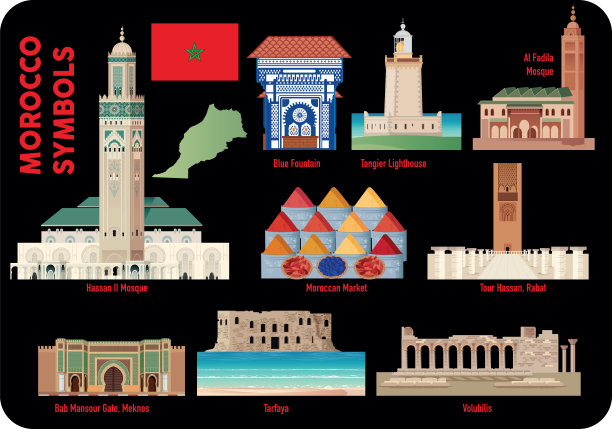 摩洛哥的SYMBOLS，卡萨布兰卡，Rabat，销售，马拉喀什，Agadir, Tangier, Meknes, Oujda-Angad, Al Hoceima, Tetouan, kenitima, tefi, Safi, Mohammedia, Khouribga, Hassan 2 Mosque, Mosque Al Fadila, mumuque Al Fadila, mubat图片下载