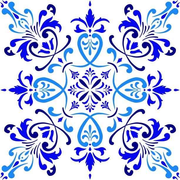 矢量瓷砖图案，里斯本阿拉伯花卉马赛克，地中海海军蓝装饰。图片下载