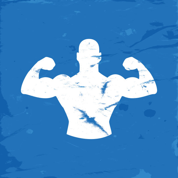 坚强的男人与手臂在蓝色Grunge背景的图标图片下载