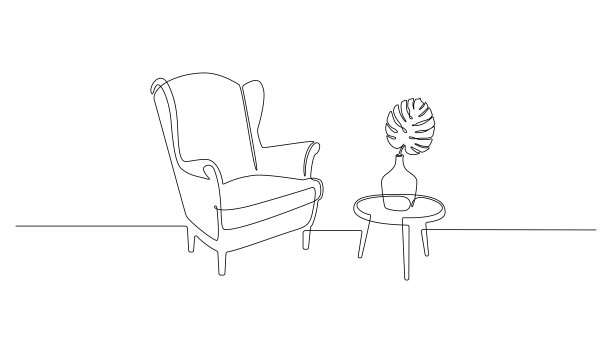 扶手椅、桌子、花瓶的连续单线画。复古时尚的客厅家具或舒适的酒店概念简单的线性风格。画矢量图图片下载