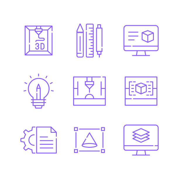 3D打印技术相关的线条图标集。轮廓符号集合，可编辑的描边图片下载
