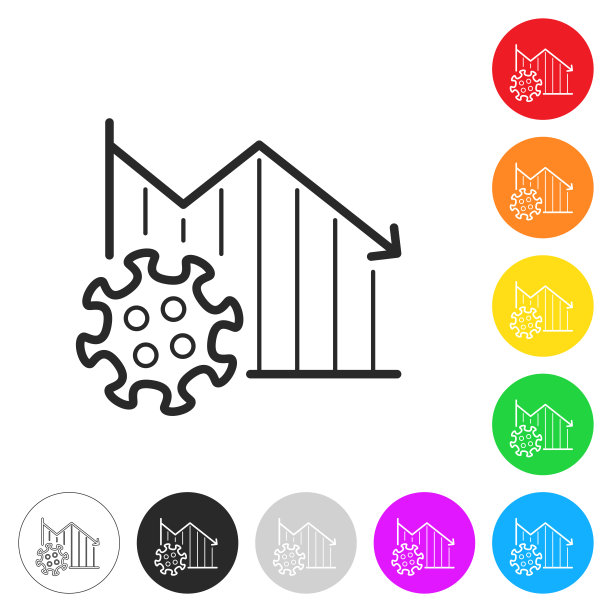 与冠状病毒细胞呈下降趋势。按钮上不同颜色的平面图标图片下载