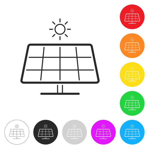 带有太阳的太阳能电池板。彩色按钮上的图标图片下载
