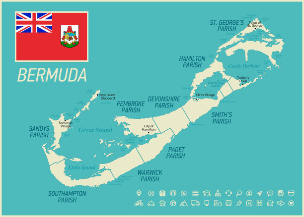 百慕大高详细地图。矢量插图与图标设置图片下载