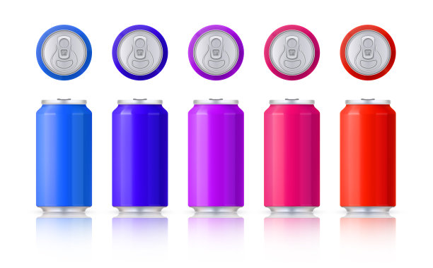 矢量集光泽彩色铝罐。模板上的白色背景与反射。向量。图片下载